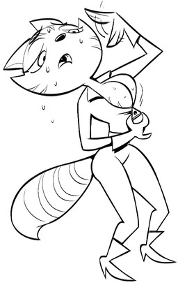 alternate_form alternate_hairstyle anthro big_breasts bodily_fluids bodysuit boots breasts cheek_tuft clothed clothing facial_tuft fangs fanning fanning_self female footwear fur gloves handwear open_clothing open_topwear shoes skinsuit solo standing striped_body striped_fur stripes sweat teeth tight_clothing tired topwear tuft unzipped zipper unknown_artist nickelodeon t.u.f.f._puppy kitty_katswell domestic_cat felid feline felis mammal 2026 monochrome