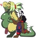 anthro belly clothed clothing duo genitals hair male nipples nude penis simple_background slightly_chubby smile thick_thighs tongue white_background yellow_body kingbeast capcom monster_hunter fanged_wyvern great_jagras absurd_res hi_res