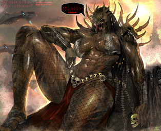 abs big_breasts bottomwear breasts brown_body clothing dialogue female loincloth mandibles muscular muscular_female navel sitting solo speech_bubble text thick_thighs wide_hips yellow_eyes netxart predator_(franchise) alien alien_humanoid humanoid yautja absurd_res english_text hi_res huge_filesize