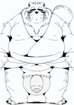 anthro asian_clothing balls belly big_balls big_belly clothing east_asian_clothing flaccid foreskin genitals humanoid_genitalia humanoid_hands humanoid_penis japanese_clothing kemono male navel overweight overweight_male partially_retracted_foreskin penis solo sigenoya takotyutyu canid canine mammal raccoon_dog tanuki 2021 absurd_res hi_res monochrome