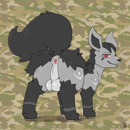 anus backsack balls black_body black_fur butt camo_background ear_piercing feral fur genitals grey_body grey_fur grin looking_at_viewer looking_back looking_back_at_viewer male markings multicolored_body multicolored_fur nude pattern_background piercing presenting presenting_hindquarters quadruped raised_tail rear_view red_eyes simple_background smile solo standing tail two_tone_body two_tone_fur aztepyeen nintendo pokemon fan_character fang_(fang-and-fantasy) generation_3_pokemon mightyena pokemon_(species) 1:1 2022 absurd_res hi_res