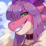 anthro blue_sky brown_collar cloud collar female glistening glistening_eyes green_eyes grin hair horn jewelry looking_at_viewer necklace outside pink_body pupils purple_hair purple_horn sky slit_pupils smile solo tan_body corzh77 mythology nora_(stove2) dragon mythological_creature mythological_scalie scalie 1:1 bust_portrait hi_res portrait