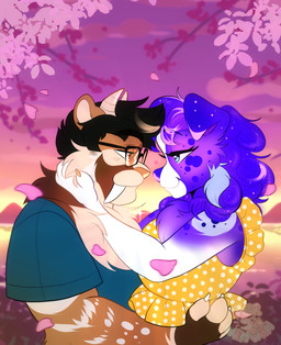 anthro claws clothed clothing duo eye_contact eyewear fangs female glasses handpaw horn looking_at_another male male/female outside paws plant romantic romantic_couple sabertooth_(anatomy) sunset teeth tree ferwanwan canid canine canis domestic_dog felid mammal prehistoric_species saber-toothed_tiger 2023 hi_res warm_colors watermark