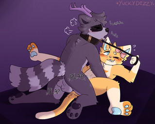 anthro balls bodily_fluids cum cum_on_belly cum_on_body dominant dominant_male duo eyes_closed from_front_position genital_fluids genitals leash leash_pull leashed_top lying male male/male missionary_position on_back onomatopoeia paws power_bottom sex sound_effects submissive submissive_male text yuckydizzy felid hybrid mammal absurd_res hi_res