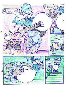 anthro belly big_belly blue_clothing blue_hair blue_shirt blue_topwear clothing dialogue female group hair inside overweight shirt speech_bubble text topwear trio virus-20 wendy_wolf_(virus-20) canid canine canis domestic_pig mammal suid suine sus_(pig) wolf 2007 comic traditional_media_(artwork)