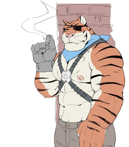 5_fingers abs anthro biceps bottomwear brick_wall brown_bottomwear brown_clothing brown_pants cigarette clothed clothing eye_patch eyewear fangs fingers fur harness kerchief male muscular muscular_anthro muscular_male navel orange_body orange_fur pants pecs simple_background smoke smoking solo striped_body striped_fur stripes teeth wall_(structure) whiskers white_background yellow_eyes huger_smot teenage_mutant_ninja_turtles tiger_claw_(tmnt) felid mammal pantherine tiger hi_res