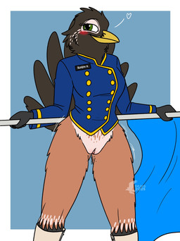 anthro aroused blush blush_lines bodily_fluids boots bottomless bottomless_female casual_exposure clothed clothing female flag flag_(object) flagpole footwear formal_wear genital_fluids genitals half-closed_eyes marching_band_uniform narrowed_eyes shoes solo uniform vaginal_fluids vulva fish_birb robin_(fish_birb) american_robin avian bird oscine passerine robin_(bird) thrush_(bird) true_thrush absurd_res hi_res
