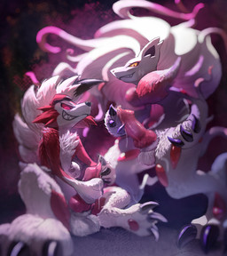 abstract_background animal_genitalia animal_penis anthro balls bodily_fluids canine_genitalia canine_penis claws duo erection fangs fur genital_fluids genitals grin holding_own_penis holding_penis knot knotted_penis looking_at_viewer male male/male neck_tuft pawpads paws penis precum precum_string red_body red_fur red_sclera sitting sitting_on_ground smile standing teeth tuft vignette white_body white_fur yellow_sclera lionraion nintendo pokemon generation_7_pokemon generation_8_pokemon hisuian_form hisuian_zoroark lycanroc midnight_lycanroc pokemon_(species) regional_form_(pokemon) 2024 absurd_res digital_media_(artwork) hi_res shaded