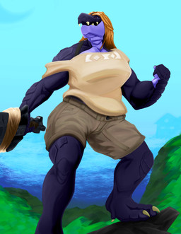 anthro bottomwear bra_strap breasts building claws clothing dreadlocks eye_scar facial_scar female grass house melee_weapon muscular muscular_female plant purple_body purple_scales scales scar sea shorts solo sword water weapon ctrl-atl-replace7888 house_in_the_ocean luda_ivanov crocodile crocodilian reptile scalie absurd_res hi_res