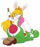 ambiguous_gender anthro blonde_hair blue_eyes blush bodily_fluids bottomless butt clothed clothing crown duo female footwear fur hair headgear long_ears long_hair plunger plunger_butt_grab short_stack simple_background smile tears teeth white_background white_body white_fur sssonic2 mario_bros mario_plus_rabbids_kingdom_battle nintendo raving_rabbids rayman_(series) ubisoft rabbid_peach green_yoshi lagomorph mammal rabbid yoshi 2017 absurd_res crossover digital_media_(artwork) hi_res