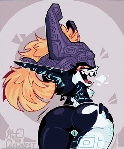 areola armor big_butt big_ears black_body blue_areola blue_nipples blue_vulva breasts butt eyelashes female genitals hair hand_on_butt headgear helmet humanoid_pointy_ears looking_at_viewer looking_back looking_back_at_viewer nipples open_mouth open_smile orange_hair pointy_ears ponytail rear_view red_eyes sharp_teeth small_breasts smile solo teeth thick_thighs vulva white_body wide_hips yellow_sclera antotheclownest nintendo the_legend_of_zelda twilight_princess midna humanoid imp twili