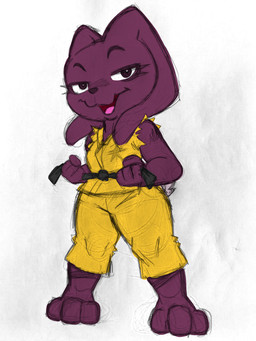 anthro bottomwear breasts clothing female fur half-closed_eyes holding_object karate karate_belt long_ears looking_at_viewer narrowed_eyes pants pose purple_body purple_ears purple_eyes purple_fur purple_nose simple_background small_breasts solo standing tongue topwear torn_clothing torn_topwear white_background yellow_bottomwear yellow_clothing yellow_pants yellow_topwear charliepops azuka_100_percent bianca_(azuka_100_percent) lagomorph leporid mammal rabbit 2026 3:4 digital_media_(artwork) hi_res