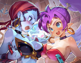blue_body blue_eyes blue_skin bodily_fluids breast_squish breasts brown_body brown_skin cleavage clothed clothing controller duo electronics eye_contact female game_controller gaming hair humanoid_pointy_ears joycon_controller long_hair looking_at_another nintendo_controller not_furry open_mouth open_smile playing_video_game pointy_ears ponytail purple_hair smile squish tears television life_is_pi nintendo nintendo_switch shantae_(series) super_smash_bros. wayforward risky_boots shantae genie human humanoid mammal crossover hi_res