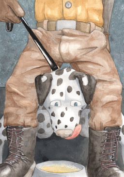 ambiguous_fluids anthro bdsm belt between_legs beverage black_ears blue_eyes bodily_fluids boots bowl bulge clothing container dungeon duo faceless_anthro faceless_character faceless_male footwear genital_fluids gloves handwear kneeling leash leash_pull leather licking licking_lips looking_down male male/male pet_bowl shoes submissive tongue tongue_out uniform urine waiting watersports tuubi canid canine canis dalmatian domestic_dog mammal absurd_res acrylic_painting_(artwork) hi_res painting_(artwork) traditional_media_(artwork) traditional_painting_(artwork) traditional_watercolor_(artwork) watercolor_(artwork)