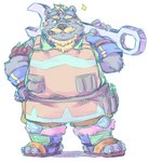 anthro beard biped clothed clothing cute_fangs facial_hair fangs footwear kemono male mature_male mustache one_eye_closed overweight overweight_male sandals shoes simple_background smoking solo teeth wink furipon bear mammal 2023