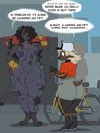 3:4 anthro big_butt bulge butt clothing duo english_text felid female gynomorph humanoid intersex intersex/male jaguar kaidzsu male mammal overalls overalls_only pantherine payment priscilla_(dreamy_pride) rosse_(kaidzsu) text thick_thighs workshop