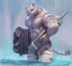 abs anthro biceps big_muscles black_body black_fur blue_eyes clothing convenient_censorship fingerless_gloves fur gloves handwear kemono leucistic looking_down male melee_weapon multicolored_body multicolored_fur muscular muscular_anthro muscular_male nipples nude pecs scar solo standing striped_body striped_fur stripes sword two_tone_body two_tone_fur water weapon white_body white_fur hanukami grimoire_of_zero mercenary_(grimoire_of_zero) felid mammal pantherine tiger 2017 absurd_res censored hi_res