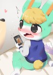 anthro bed black_eyes blonde_hair blush bodily_fluids bottomless breasts butt caught_in_the_act caught_masturbating cellphone clothed clothing duo electronics female fur furniture hair heart_symbol holding_cellphone holding_object holding_phone holding_smartphone jacket kneeling letterman_jacket male masturbation mostly_offscreen_character on_bed open_mouth phone smartphone snout social_media spread_legs spreading surprise teal_body teal_fur tears tissue_box topwear tougen_corona animal_crossing nintendo audie_(animal_crossing) sasha_(animal_crossing) canid canine canis lagomorph leporid mammal rabbit wolf absurd_res hi_res