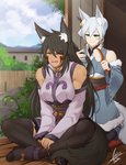 black_hair breasts brush clothed clothing duo eyes_closed female green_eyes hair hairbrush inner_ear_fluff scar sitting tuft white_hair airisubaka vera_(airisubaka) animal_humanoid canid canid_humanoid canine canine_humanoid humanoid mammal mammal_humanoid wolf_humanoid 2020 absurd_res hi_res