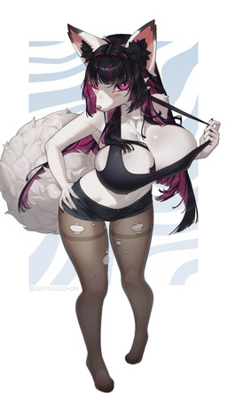 anthro bangs barbell_piercing big_breasts big_tail black_clothing black_crop_top black_ear_tips black_fingernails black_hair black_inner_ear_fluff black_nails black_shirt black_tank_top black_topwear blunt_bangs blush bottomwear breast_squish breasts bulging_breasts cheek_tuft chest_tuft cleavage clothed clothed_anthro clothed_female clothing clothing_pull colored_nails crop_top curvy_figure denim denim_bottomwear denim_clothing denim_shorts depth_of_field dipstick_ears ear_markings eyelashes eyeliner facial_tuft feet female female_anthro fingernails fluffy fluffy_tail fur glistening glistening_eyes hair hand_on_hip hime_cut hindpaw hotpants hourglass_figure huge_breasts inner_ear_fluff knock-kneed legwear long_eyelashes long_fingernails long_hair looking_at_viewer makeup markings midriff multicolored_ears multicolored_hair nails navel navel_barbell navel_piercing pantyhose pattern_background paws piercing pointy_ears prick_ears purple_eyes purple_hair shirt shorts simple_background small_waist solo squish standing straight_hair tail tank_top text thick_thighs topwear topwear_pull torn_clothing torn_legwear torn_pantyhose tuft two_tone_hair white_body white_fur white_tail wide_hips zeminachan baiyu_(zeminachan) canid canine fox mammal 2026 absurd_res artist_name digital_drawing_(artwork) digital_media_(artwork) full-length_portrait hi_res portrait signature