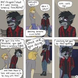 angry anthro barefoot bed bedroom black_hair blonde_hair blood blood_on_face blue_eyes bodily_fluids bottomwear brown_eyes bruised bruised_eye cigarette cigarette_in_mouth clothed clothing crossed_arms dialogue duo ears_back feet flannel_shirt fur furniture grey_body grey_fur hair holding_lighter holding_object inside lighter lighting_cigarette logo male night object_in_mouth on_bed page_number pajamas pants pivoted_ears scruffy serious sitting sitting_on_bed six_frame_image smoke smoking smoking_cigarette speech_bubble standing tail text upset window wounded yelling_at_another yellow_body yellow_fur kriek_wildebeest jeremy_(kriek_wildebeest) tom_(kriek_wildebeest) border_collie canid canine canis collie domestic_dog herding_dog husky hybrid mammal nordic_sled_dog pastoral_dog sheepdog spitz wolf 1:1 artist_logo comic english_text hi_res