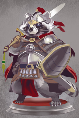 anthro armor biped black_nose cape clothing fur grey_body grey_fur headgear helmet humanoid_hands melee_weapon shield solo sword weapon handstandhippo hybrid mammal procyonid raccoon 2022 hi_res