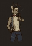 anthro antlers biped chest_tuft cigarette clothed clothing collar eyebrow_piercing facial_piercing fur horn looking_at_viewer male navel open_clothing open_shirt open_topwear piercing pose red_eyes shirt simple_background smoke smoking solo standing topwear tuft canned_(artist) deer mammal 2015 pinup