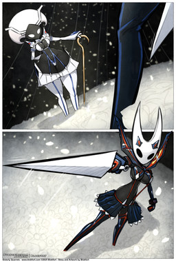 anthro armor bottomwear breasts clothed clothing duo female flower flower_field flower_pedals mask plant skimpy skirt standing unconvincing_armor weapon blokfort hollow_knight:_silksong hollow_knight_(franchise) kill_la_kill studio_trigger team_cherry hornet_(hollow_knight) junketsu lace_(hollow_knight:_silksong) senketsu arthropod 2026 hi_res