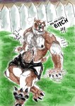 abs anthro black_bottomwear black_clothing black_shorts bodily_fluids bottomwear brown_body brown_fur clothed clothing cum erection fur genital_fluids genitals grey_eyes male messy muscular muscular_anthro muscular_male pecs penis shorts solo text topless san_jaguar canid canine canis domestic_dog mammal pit_bull digital_drawing_(artwork) digital_media_(artwork) english_text hi_res