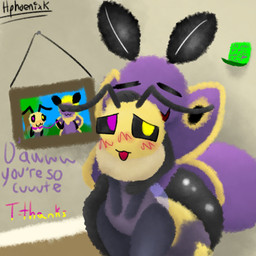 antennae_(anatomy) anthro arthropod_abdomen blush blush_lines collar compliment dominant dominant_female duo female femboy hand_on_head headpat heterochromia hug hugging_another hugging_from_behind inside leash male male/female multicolored_body neck_tuft no_outlines open_mouth petting picture_frame post-it_note purple_body size_difference spread_wings stuttering submissive submissive_male text thick_thighs tuft wings hphoenixk lavender_(hphoenixk) arthropod bee hymenopteran insect lepidopteran moth 1:1 absurd_res digital_media_(artwork) digital_painting_(artwork) digital_watercolor_(artwork) hi_res painting_(artwork) watercolor_(artwork)