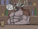 abs alcohol anthro antlers bar beverage biceps big_muscles biped brown_body brown_fur chest_tuft clothed clothing dialogue fur glass green_eyes grey_body grey_fur grey_hair grin hair horn huge_muscles looking_at_viewer male muscular muscular_anthro muscular_male nipples open_mouth pecs pose smile solo speech_bubble standing teeth text topless tuft vein white_hair mnty mnty_(character) deer mammal new_world_deer reindeer english_text sketch