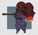 absurd_res areola belly belt big_butt big_hair blacksmith_poppy_(lol) bodily_fluids bottomless breasts butt clothed clothing fangs female forastero glistening glistening_body hair hammer hammer_weapon headgear headwear hi_res holding_hammer holding_melee_weapon holding_object holding_tool holding_weapon huge_butt humanoid humanoid_pointy_ears league_of_legends looking_at_viewer looking_back maul melee_weapon nipples overweight overweight_female overweight_humanoid pigtails poppy_(lol) purple_body purple_skin red_eyes red_hair riot_games short_stack skimpy solo standing steam sweat teeth tencent thick_thighs tied_hair tools translucent translucent_clothing weapon weapon_on_shoulder wide_hips yordle