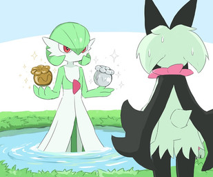 ambiguous_gender anthro bodily_fluids butt claws duo flower_trick fur gold_(metal) grass green_body green_fur green_hair green_pseudo_hair hair pawpads plant pseudo_hair red_eyes silver_(metal) sparkles sweat tail water white_body ylit nintendo pokemon felid feline gardevoir generation_3_pokemon generation_9_pokemon humanoid mammal meowscarada pokemon_(species) 2025
