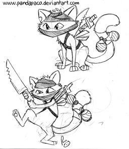 ambiguous_anthro ambiguous_feral ambiguous_gender anthro cheek_tuft facial_tuft featureless_crotch feral glistening glistening_eyes head_tuft holding_knife holding_object knife mask notched_ear simple_background sitting solo standing text tuft wearing_mask pandapaco felid mammal hi_res monochrome sketch url