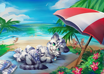 ageplay anthro beach clean_diaper clothed clothing diaper infantilism male outside pacifier pacifier_necklace roleplay sea seaside solo water wearing_diaper young young_anthro unknown_artist felid feline mammal pantherine tiger absurd_res hi_res