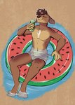 alcohol arms_bent beer bent_legs beverage canid canine canis domestic_dog drinking feet_in_water feet_over_edge food_pool_toy food_print fruit_pool_toy fruit_print hi_res inflatable inflatable_ride inflatable_support inner_tube male mammal odin_(disambiguation) on_pool_toy on_swim_ring over_edge partially_submerged plant_print pool_toy print_pool_toy raised_arm raised_hand relaxing rika_(artist) soji solo summer sunken_seat supported_arm swim_ring up_and_over water watermelon_pool_toy watermelon_print