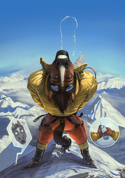 anthro boots bottle bottomwear clothed clothing coat container deception detailed_background duo eyewear eyewear_on_head fingers footwear fur goggles goggles_on_head hair harness holding_bottle holding_container holding_object holding_water_bottle humor looking_back looking_pleasured male mountain mountaineer outside pants scenic_view shoes sky smile squeezing squeezing_bottle standing tail topwear water water_bottle satanic_monkey equid equine horse mammal digital_media_(artwork) hi_res