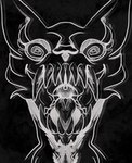 ambiguous_form ambiguous_gender cheek_tuft facial_tuft fangs front_view mouth_shot open_mouth sharp_teeth simple_background solo spiral_eyes teeth tongue tuft uvula lionfloof felid mammal hi_res monochrome