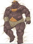 anthro bed belly belly_hair biceps body_hair brown_body brown_fur chest_hair fur furniture hair lying male musclegut muscular muscular_arms muscular_thighs on_back red_eyes red_hair scar solo exe_exem lifewonders tokyo_afterschool_summoners barguest_(tas) bear mammal digital_media_(artwork)