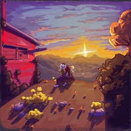 abandoned_building anthro clothed clothing duo evening female flower fully_clothed landscape male male/female plant romantic sitting sitting_on_ground sunset tree arino deltarune undertale undertale_(series) asriel_dreemurr dess_holiday boss_monster_(undertale) bovid caprine deer mammal new_world_deer reindeer 1:1 hi_res
