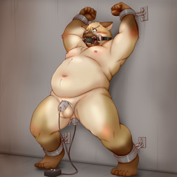 anal anal_penetration anthro ball_gag balls bdsm blush bodily_fluids chastity_cage chastity_device cuff_(restraint) dildo dildo_in_ass dildo_insertion drooling electrode electrode_in_ass electrode_in_urethra electrostimulation faceless_character faceless_male fist gag genitals hands_above_head male nude object_in_ass overweight pain penetration restraints saliva sex_toy sex_toy_in_ass sex_toy_insertion shackled_to_wall shackles solid_chastity_cage solo standing sweat tears three-quarter_view urethral urethral_penetration wall_(structure) jackboot_ihi domestic_cat felid feline felis mammal 1:1 absurd_res hi_res