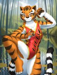 4_fingers 4_toes anthro black_stripes clothed clothing detailed_background feet female fingers fur looking_at_viewer multicolored_body multicolored_fur on_one_leg one-piece_swimsuit orange_body orange_fur red_clothing red_eyes red_swimwear smile smiling_at_viewer solo standing striped_body striped_fur stripes swimwear tail toes two_tone_body two_tone_fur whiskers white_body white_fur yellow_sclera mykegreywolf dreamworks kung_fu_panda master_tigress felid mammal pantherine tiger 2024 3:4 absurd_res digital_media_(artwork) hi_res