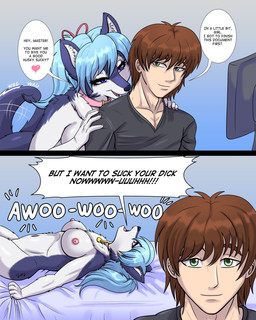 anthro areola asking_another awoo bed biped blue_bedding blue_body blue_eyes blue_fur blue_hair breasts brown_hair cheek_tuft chest_tuft claws clothed clothed_human clothed_male clothing collar complaining computer dialogue duo electronics facial_tuft female female_anthro finger_claws fur furniture green_eyes grey_clothing grey_shirt grey_topwear hair heart_symbol howl impatient inner_ear_fluff inviting_to_sex light_body light_skin lying lying_on_bed male male_human master medium_breasts multicolored_body navel nipples nude nude_anthro nude_female on_back on_bed open_mouth open_smile ownership pink_collar ponytail shirt smile speech_bubble tail tail_motion tailwag text thick_thighs topwear tuft white_body white_fur white_inner_ear_fluff docsye canid canine canis domestic_dog human husky mammal nordic_sled_dog spitz wolf 4:5 absurd_res comic english_text hi_res