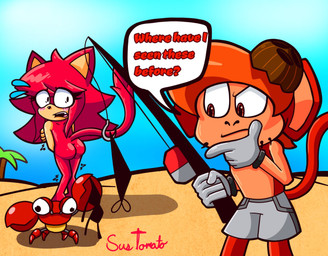 anthro beach bikini bikini_bottom bikini_top blush bodily_fluids butt clothing coconut covering covering_self dialogue drupe_(fruit) female fish_hook fishing_rod food fruit group hook machine male nude plant sand speech_bubble sweat sweatdrop swimming_trunks swimwear tail trio two-piece_swimsuit y_shaped_butt_crack sussytomato sega sonic_the_hedgehog_(series) cocoa_(sussytomato) lindsey_(sussytomato) arthropod crab crabmeat crustacean decapod domestic_cat felid feline felis haplorhine malacostracan mammal monkey primate robot hi_res