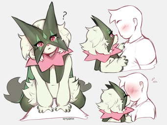 anthro blush bodily_fluids clothed clothing daww duo eye_contact eyelashes eyes_closed female fur hair heart_eyes heart_symbol human_on_anthro interspecies kissing looking_at_another male male/female pokephilia question_mark shirt shy sitting sitting_on_another sweat topwear spuydjeks nintendo pokemon anon generation_9_pokemon human mammal meowscarada pokemon_(species) 2023 4:3 hi_res