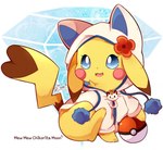 blue_eyes clothing cosplay daww female feral flower fur happy hoodie pink_cheeks plant pokeball sitting smile solo standard_pokeball topwear yellow_body yellow_fur zipper chikorita_moon nintendo pokemon rini_(sweetcupcake) generation_1_pokemon meowth pikachu pokemon_(species)