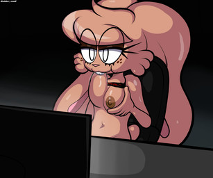 anthro areola bodily_fluids breast_play breast_suck breasts buckteeth computer ears_down electronics eyelashes female floppy_ears freckled_face freckles glistening_eyelids half-closed_eyes inside long_eyelashes monitor narrowed_eyes navel nipple_dip pivoted_ears saliva saliva_on_breasts self_suckle solo sucking teeth tuft blackmore titty_sucking_method blair_(blackmore) domestic_rabbit lagomorph leporid mammal oryctolagus rabbit 6:5 absurd_res hi_res meme
