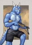 abstract_background anthro arbalist blue_body blue_scales bottomwear clothed clothing crossbow holding_object holding_ranged_weapon holding_weapon horn looking_at_viewer male muscular nipples ranged_weapon scales shirtless shirtless_male shorts shorts_only smile solo tail topless weapon tuubi microsoft mythology the_elder_scrolls argonian dragon dragonian hybrid mythological_creature mythological_scalie scalie absurd_res digital_media_(artwork) hi_res huge_filesize