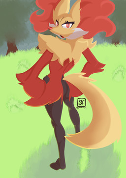 3_fingers ambiguous_gender anthro biped black_body black_fur black_hands black_legs butt ear_tuft eyelashes fingers fluffy fluffy_ears fluffy_tail fur grass inner_ear_fluff plant red_arms red_body red_eyes red_fur red_inner_ear_fluff slim solo tail tall thick_thighs tree tuft white_body white_fur yellow_body yellow_ears yellow_fur yellow_tail gamesfan nintendo pokemon canid canine delphox generation_6_pokemon mammal pokemon_(species) 2022 absurd_res digital_media_(artwork) hi_res watermark