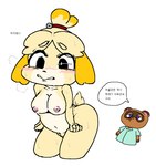 anthro bite biting_lip biting_own_lip blush bodily_fluids breasts clothing duo embarrassed facial_markings female genitals hair head_markings male markings mask_(marking) navel nipples nude pussy self_bite shirt short_stack simple_background sweat text topwear white_background tristana_gllant animal_crossing nintendo isabelle_(animal_crossing) tom_nook_(animal_crossing) canid canine canis domestic_dog mammal raccoon_dog tanuki 2022 korean_text translation_request